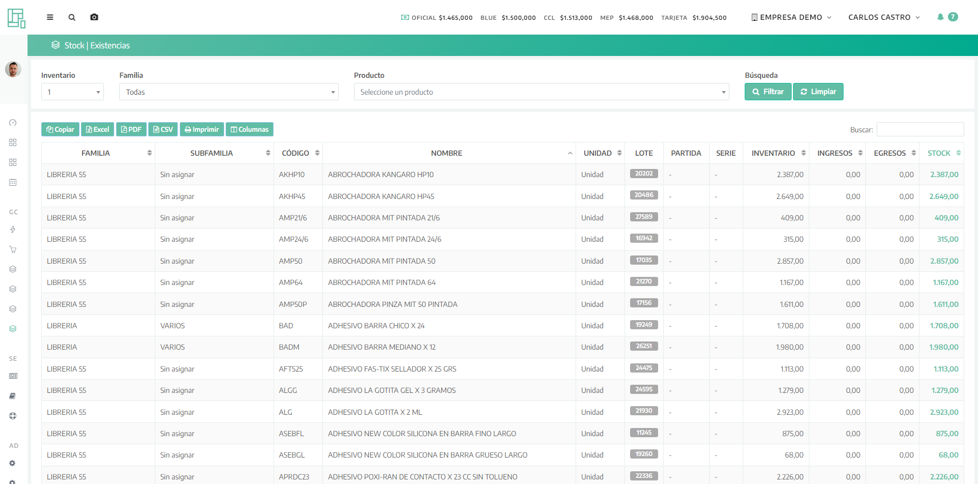 Controlá inventario, depósitos y movimientos.