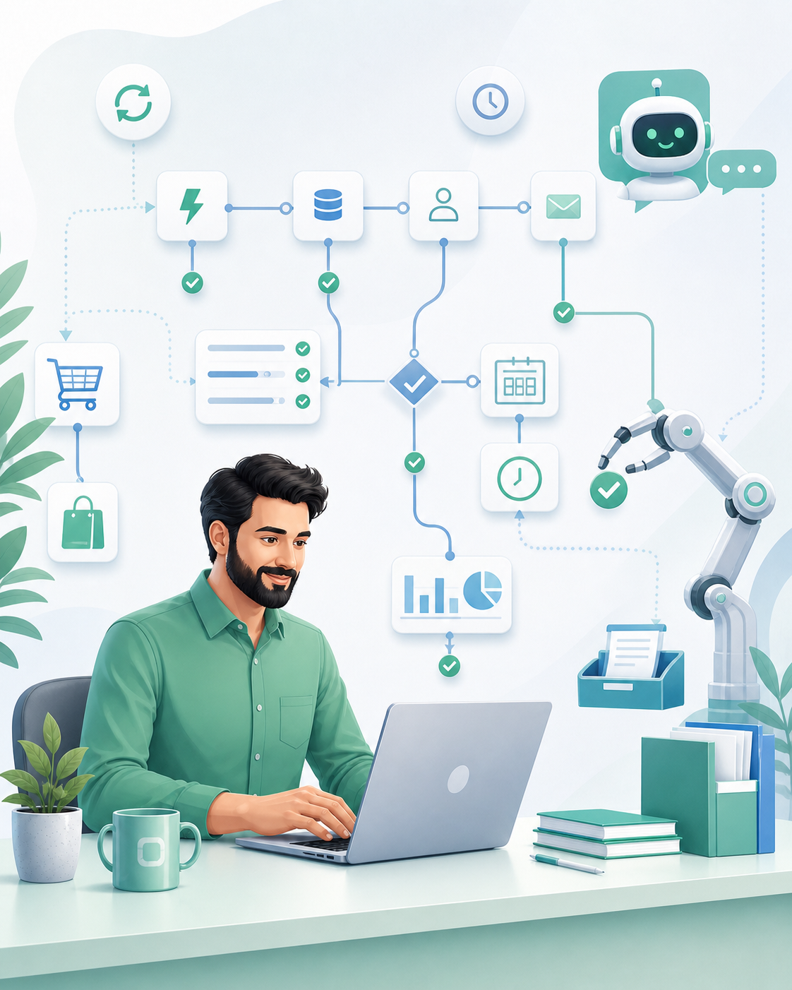 Ilustración editorial del módulo Automatizaciones de platbi®