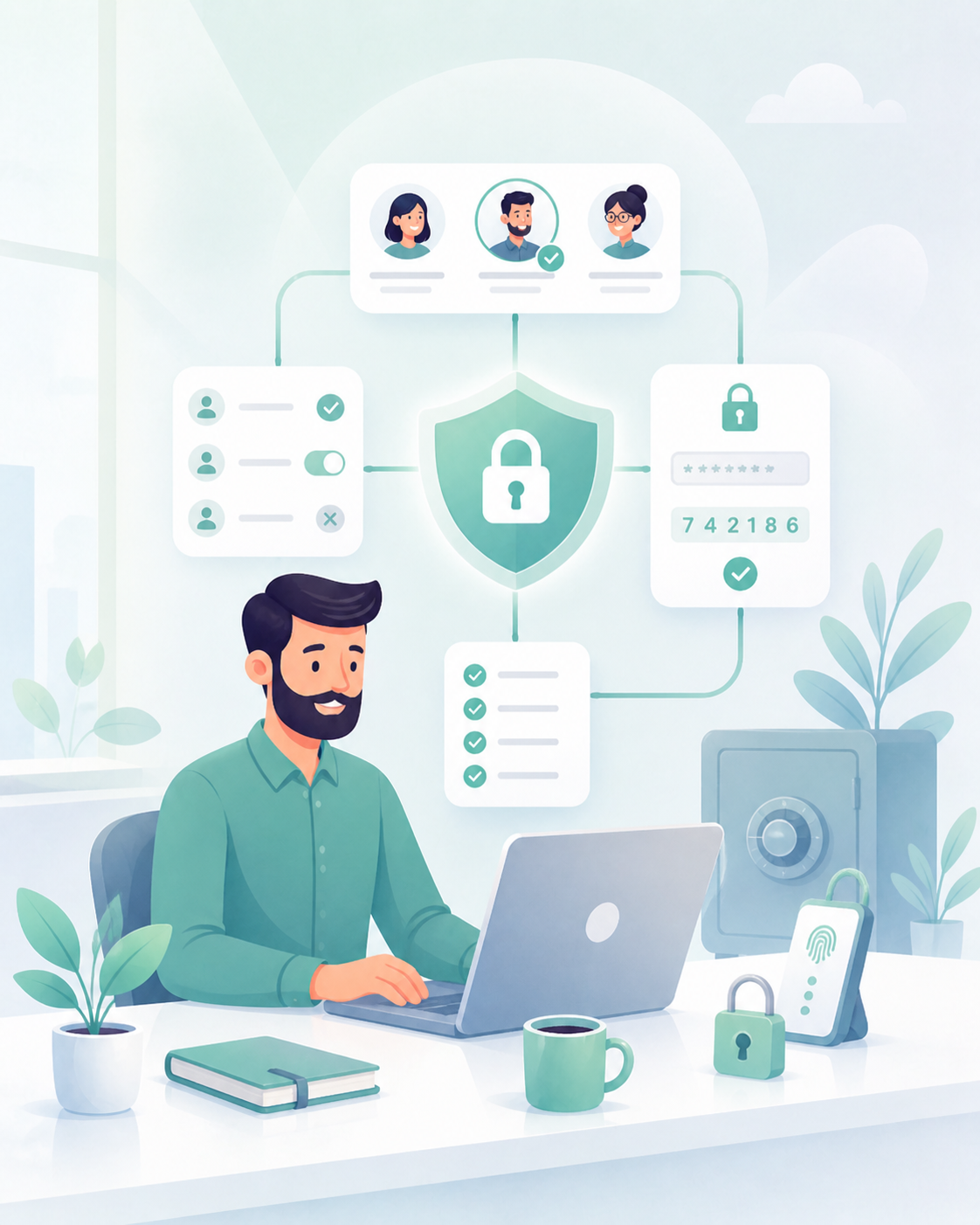 Ilustración editorial del módulo Seguridad de platbi®
